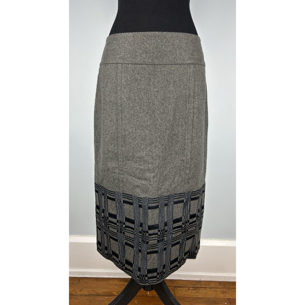 Magaschoni Gray Plaid Wool Blend Midi Skirt‎ Patterned Hem Zip Women's 10
